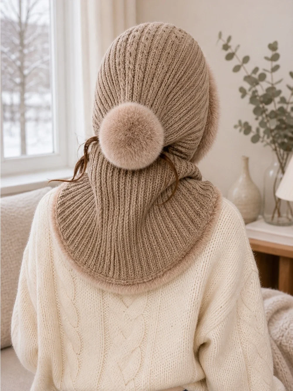 🤎 Cozy Faux Fur Knit Hood Hat Pom Pom Warm Neutral Aesthetic Chic Style